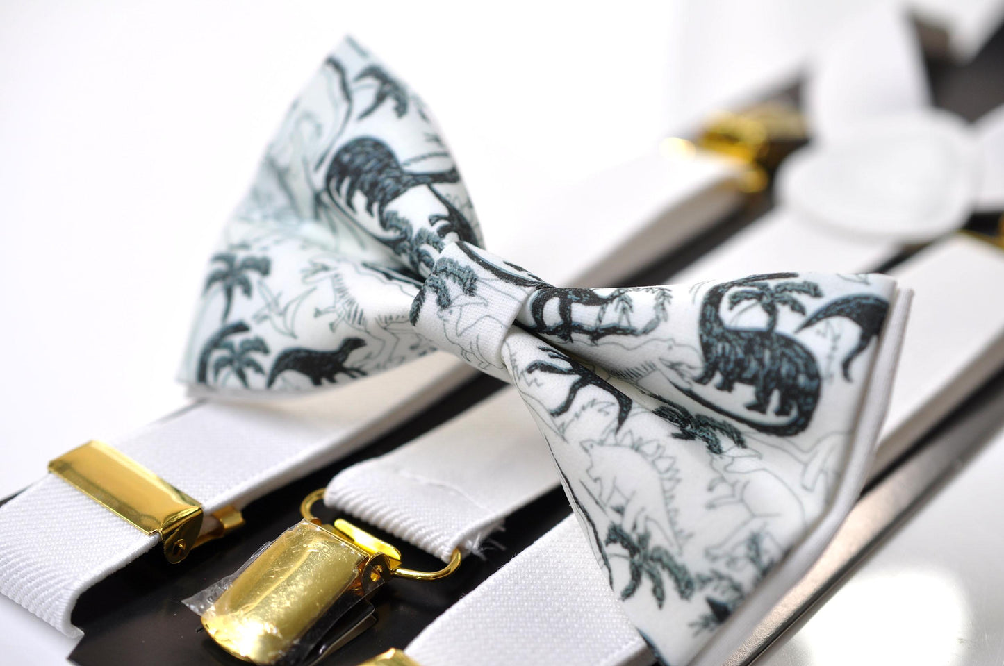 Black Dinosaur White Cotton Bow tie Bowtie + White Suspenders Braces for Men / Youth Teenage/ Boys Kids / Baby Infant Toddler