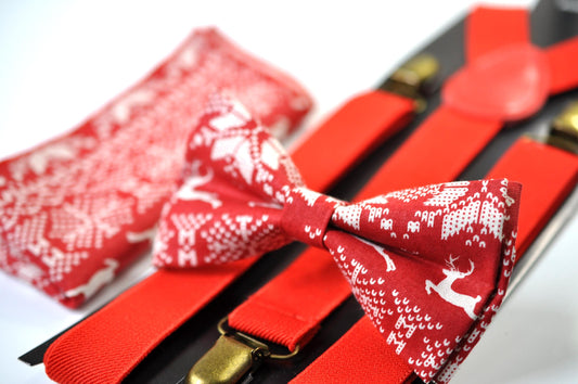Red White Deer Elks ELK Christmas Bow tie Bowtie + Pocket Squares + Red Suspenders Braces Men /Youth/ Boys Kids/ Baby Infant Toddler