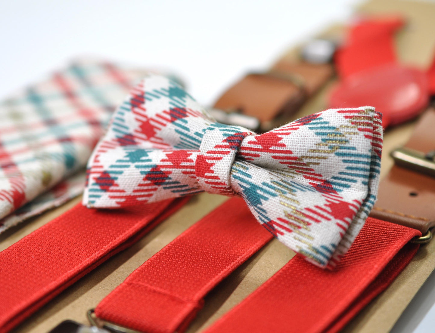 Red Blue Plaid Checkered Cream Christmas Bow tie Bowtie + Pocket Squares + Red Suspenders Braces Men /Youth/ Boys Kids/ Baby Infant Toddler