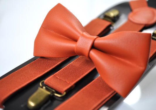 Burnt Orange Faux Leather Bow tie + Matched Suspenders Braces for Baby infant Toddler / Boy Kids / Youth Teenage / Men