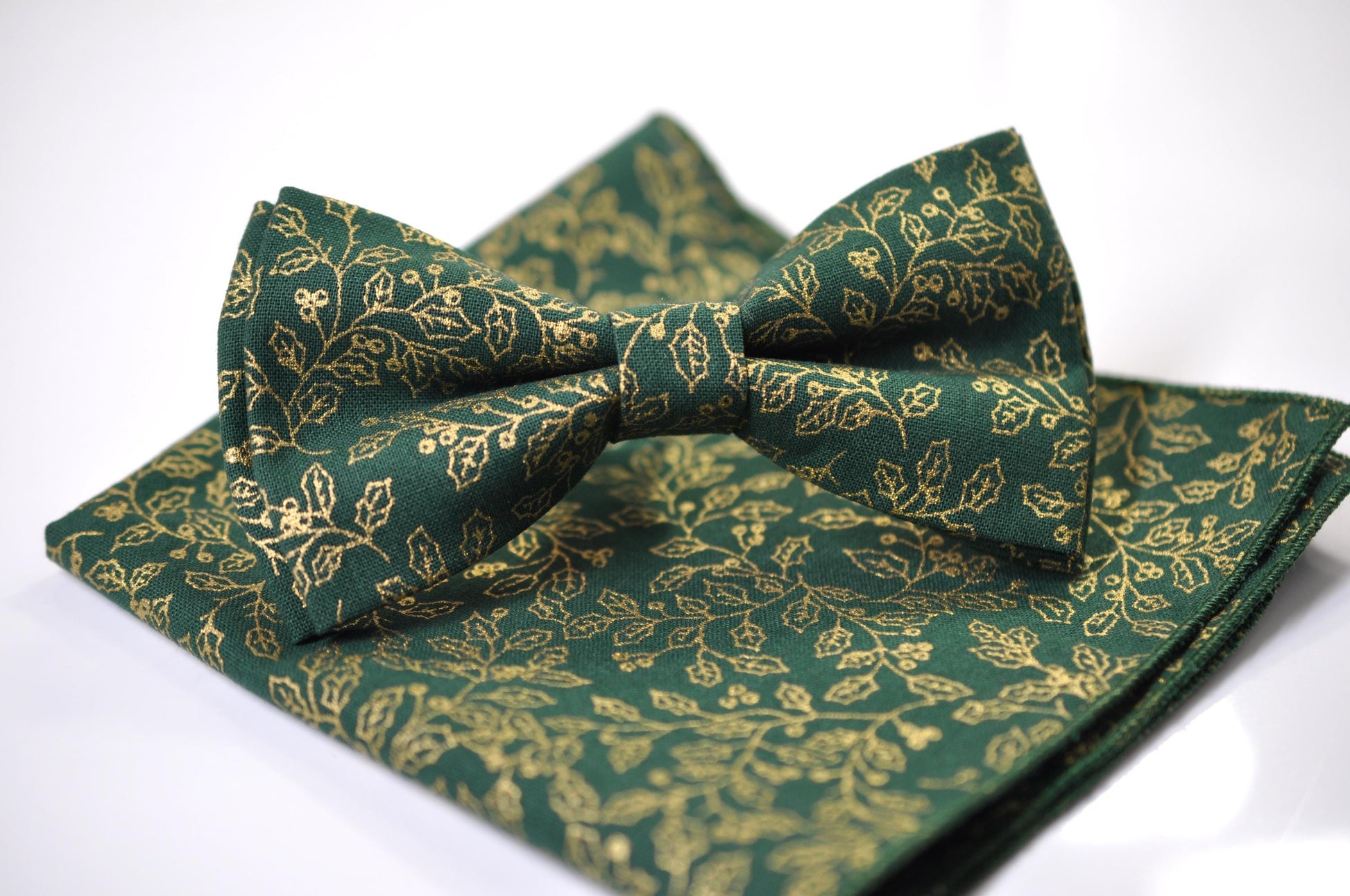 Gold Holly Leaf Green Christmas Bow tie Bowtie + Pocket Squares + Green Suspenders Braces Men /Youth/ Boys Kids/ Baby Infant Toddler