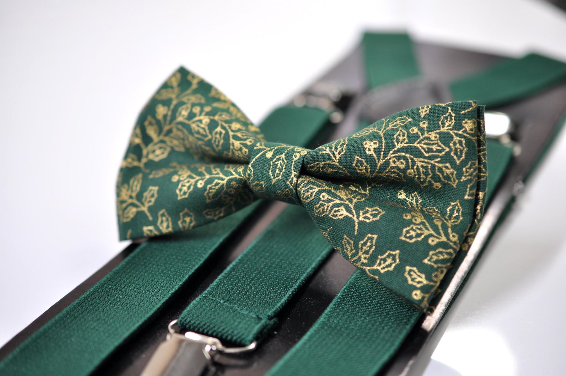 Gold Holly Leaf Green Christmas Bow tie Bowtie + Pocket Squares + Green Suspenders Braces Men /Youth/ Boys Kids/ Baby Infant Toddler