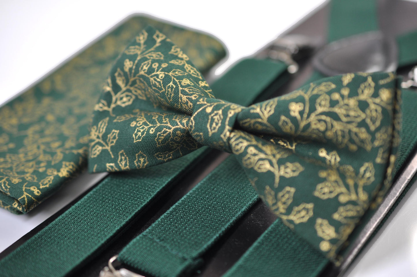 Gold Holly Leaf Green Christmas Bow tie Bowtie + Pocket Squares + Green Suspenders Braces Men /Youth/ Boys Kids/ Baby Infant Toddler