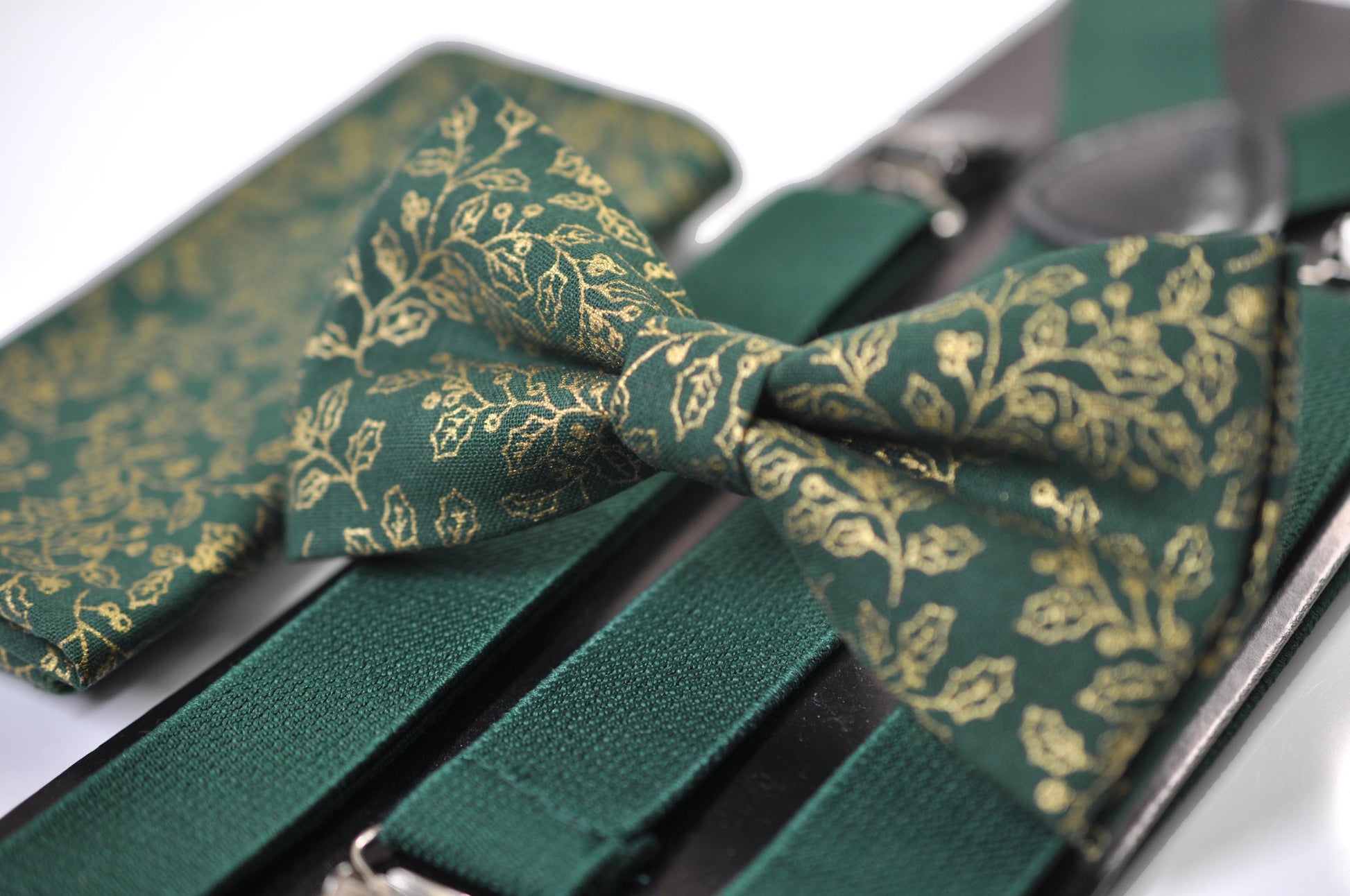 Gold Holly Leaf Green Christmas Bow tie Bowtie + Pocket Squares + Green Suspenders Braces Men /Youth/ Boys Kids/ Baby Infant Toddler