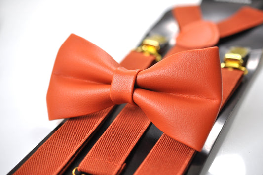 Burnt Orange Faux Leather Bow tie + Matched Suspenders Braces for Baby infant Toddler / Boy Kids / Youth Teenage / Men