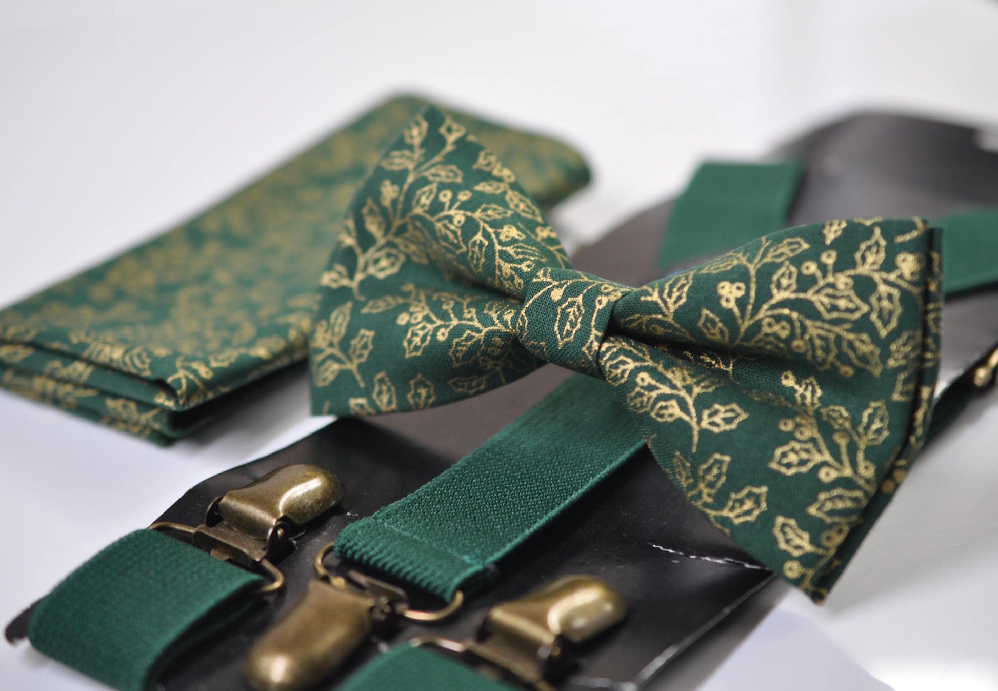 Gold Holly Leaf Green Christmas Bow tie Bowtie + Pocket Squares + Green Suspenders Braces Men /Youth/ Boys Kids/ Baby Infant Toddler