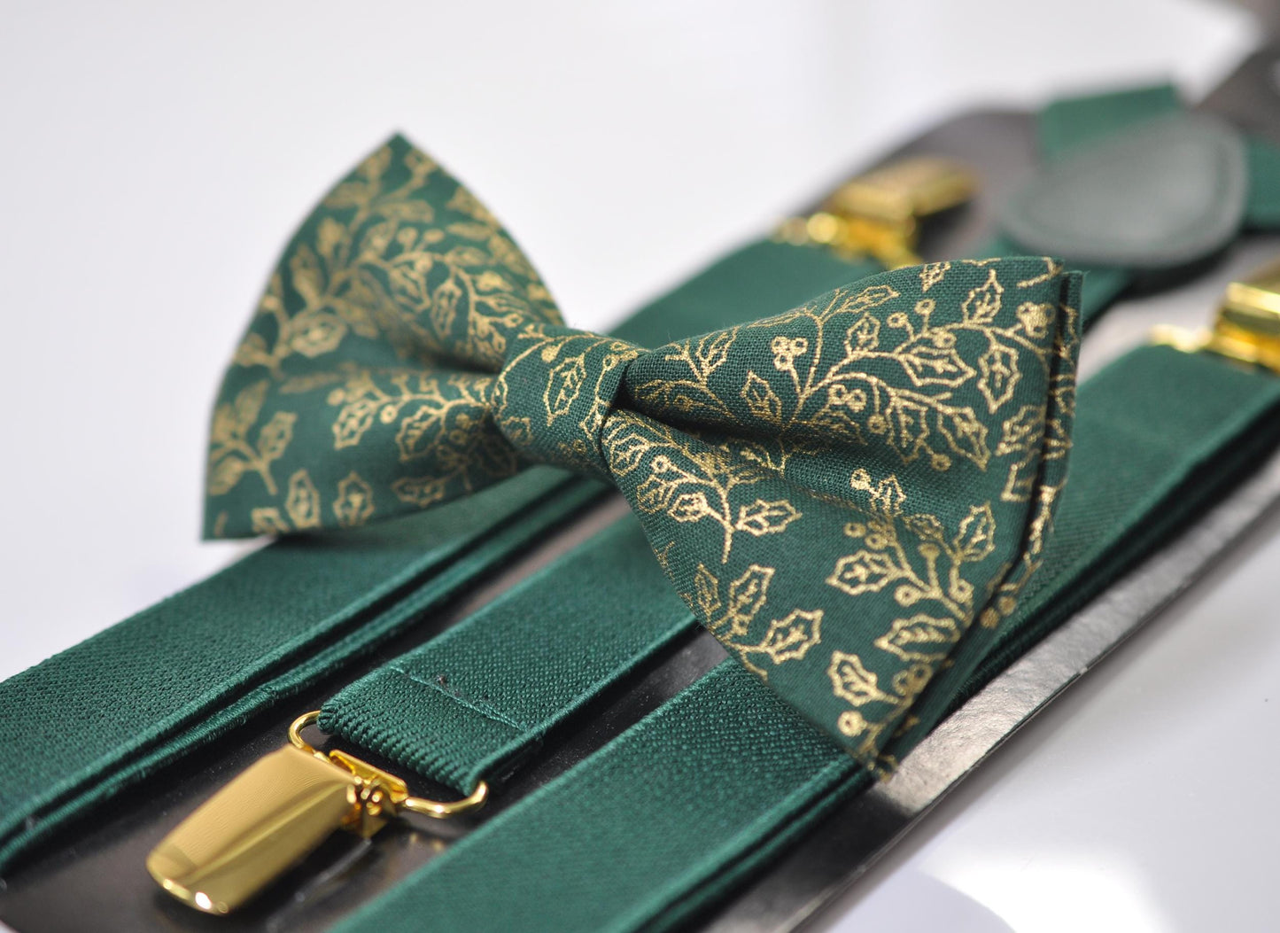 Gold Holly Leaf Green Christmas Bow tie Bowtie + Pocket Squares + Green Suspenders Braces Men /Youth/ Boys Kids/ Baby Infant Toddler