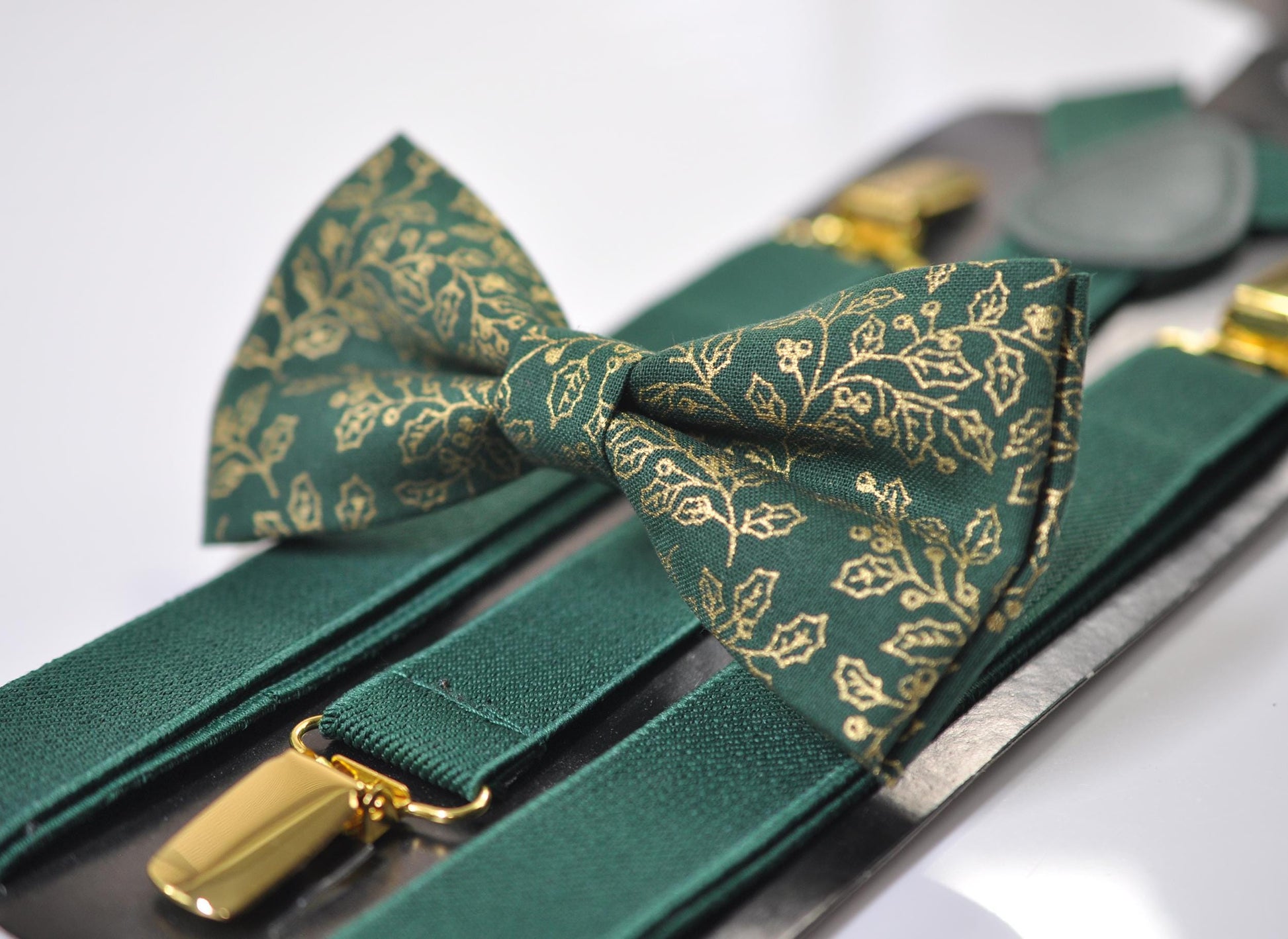 Gold Holly Leaf Green Christmas Bow tie Bowtie + Pocket Squares + Green Suspenders Braces Men /Youth/ Boys Kids/ Baby Infant Toddler