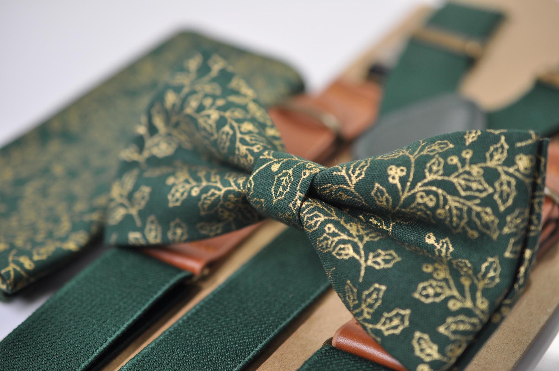 Gold Holly Leaf Green Christmas Bow tie Bowtie + Pocket Squares + Green Suspenders Braces Men /Youth/ Boys Kids/ Baby Infant Toddler