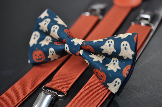 Halloween Ghost & Pumpkin Bow tie Bowtie + Burnt Orange Suspenders Braces for Men / Youth Teenage/ Boys Kids / Baby Infant Toddler