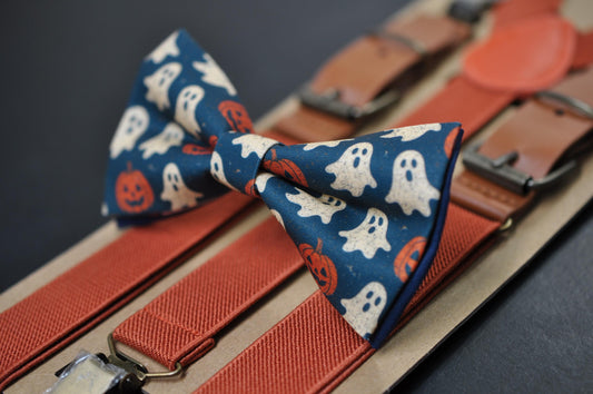 Halloween Ghost & Pumpkin Bow tie Bowtie + Burnt Orange Suspenders Braces for Men / Youth Teenage/ Boys Kids / Baby Infant Toddler