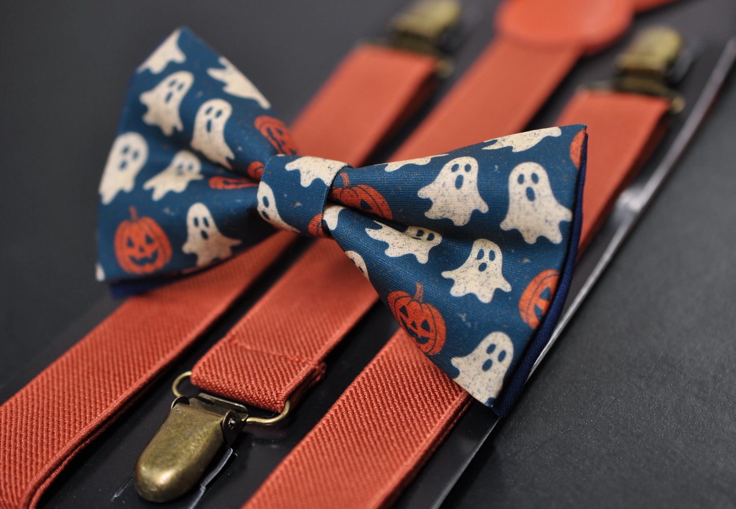 Halloween Ghost & Pumpkin Bow tie Bowtie + Burnt Orange Suspenders Braces for Men / Youth Teenage/ Boys Kids / Baby Infant Toddler