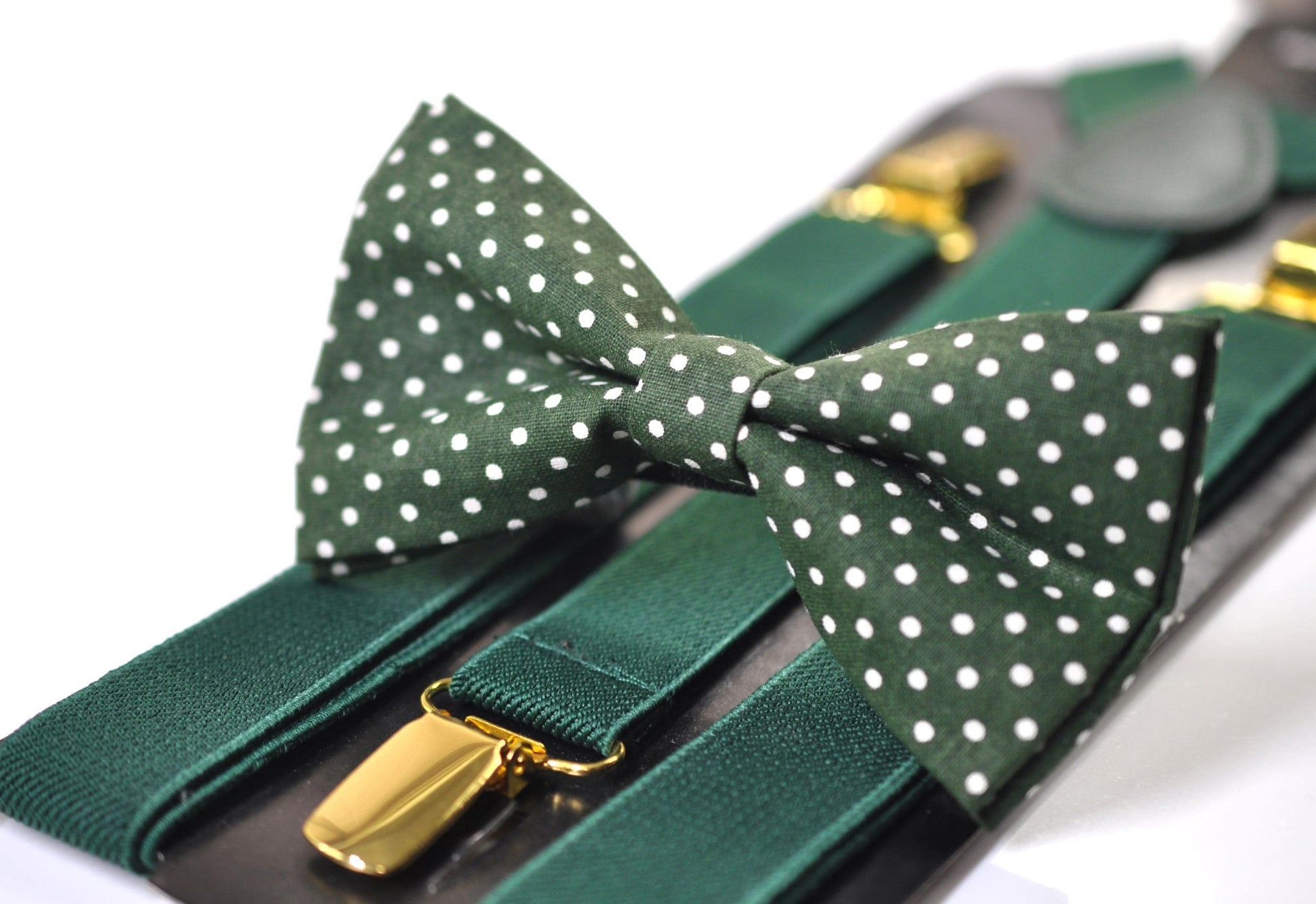 Green White Polka Dots Bow tie Bowtie + Pocket Squares + Green Elastic Suspenders Braces for Men / Youth / Boys Kids / Baby Infant Toddler