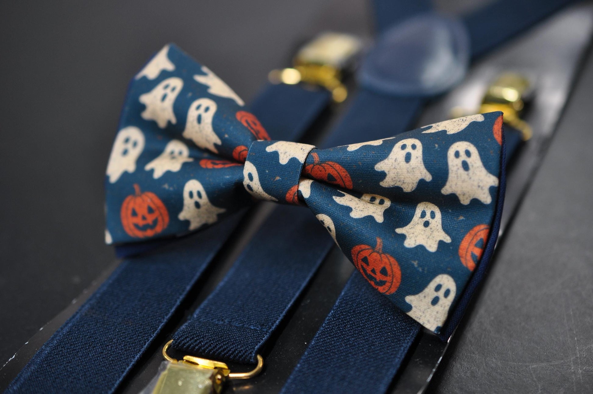 Halloween Ghost & Pumpkin Bow tie Bowtie + Navy Blue Suspenders Braces for Men / Youth Teenage/ Boys Kids / Baby Infant Toddler