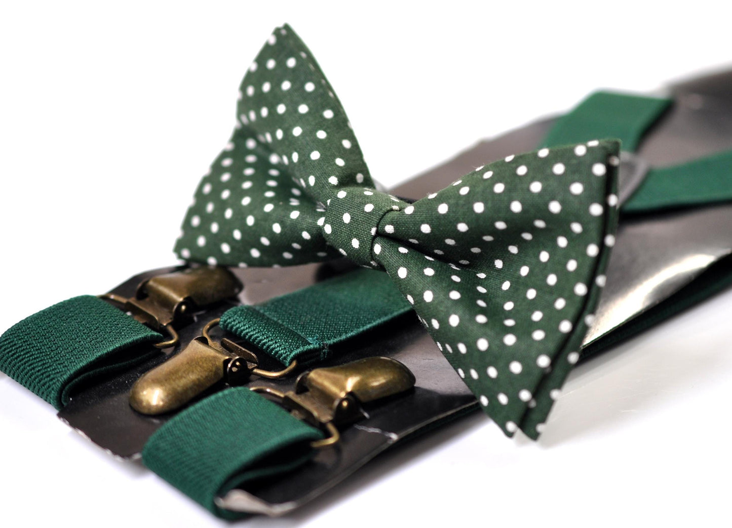 Green White Polka Dots Bow tie Bowtie + Pocket Squares + Green Elastic Suspenders Braces for Men / Youth / Boys Kids / Baby Infant Toddler