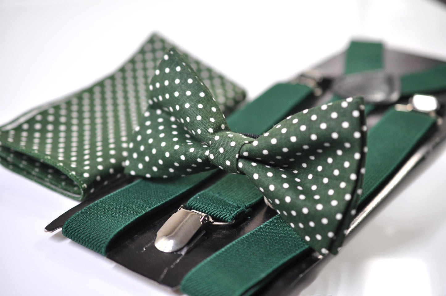Green White Polka Dots Bow tie Bowtie + Pocket Squares + Green Elastic Suspenders Braces for Men / Youth / Boys Kids / Baby Infant Toddler