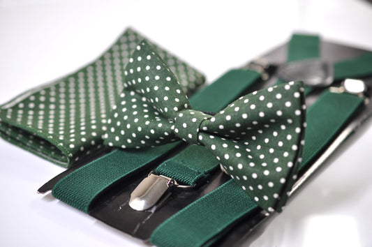 Green White Polka Dots Bow tie Bowtie + Pocket Squares + Green Elastic Suspenders Braces for Men / Youth / Boys Kids / Baby Infant Toddler