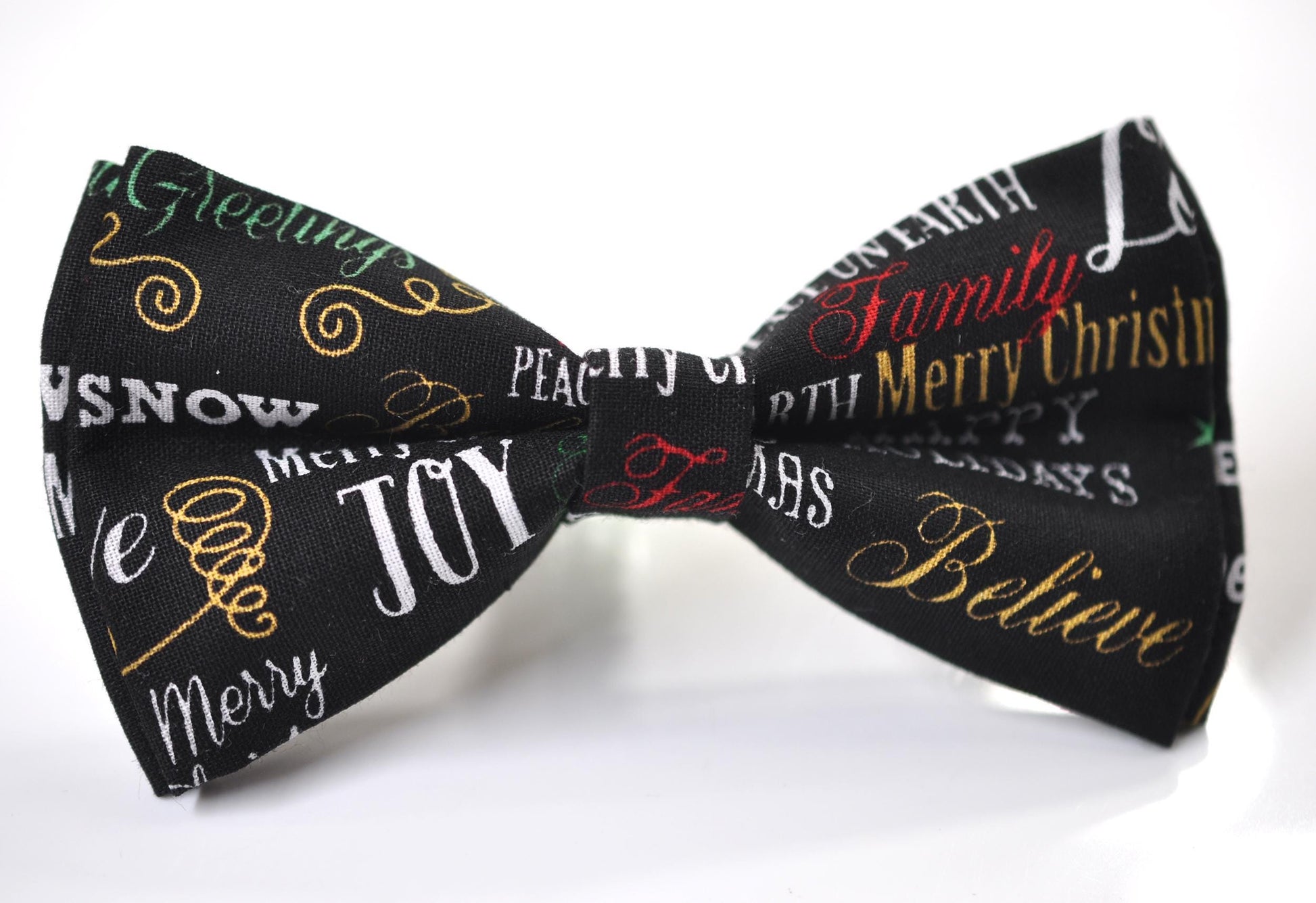 Black Holiday Festive Joy Words Print Christmas Bow tie Bowtie Pocket Squares for Baby Infant Toddler / Boy Kids / Youth Teenage / Men Adult