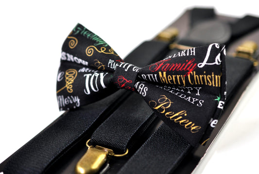 Black Holiday Festive Joy Words Print Christmas Bow tie Bowtie + Black Suspenders Braces for Men / Youth / Boys Kids / Baby Infant Toddler