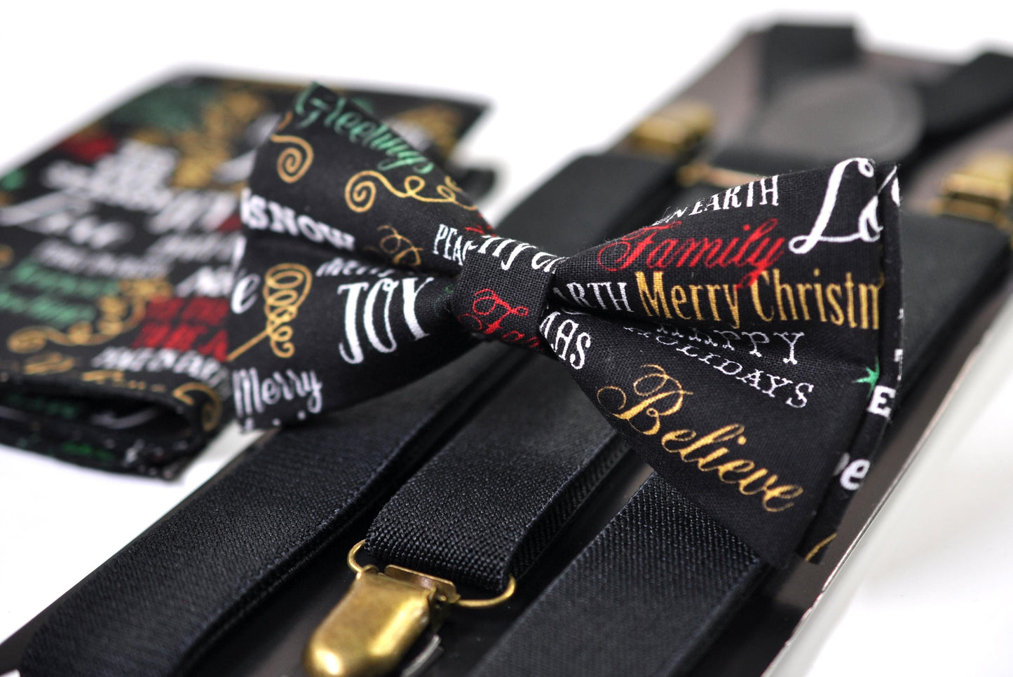 Black Festive Joy Words Print Christmas Bow tie Bowtie + Pocket Squares + Green Suspenders Braces Men /Youth/ Boys Kids/ Baby Infant Toddler