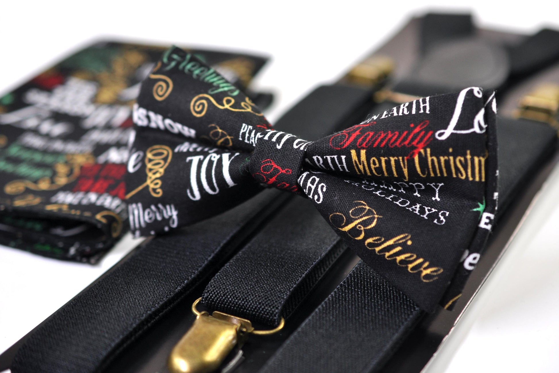 Black Festive Joy Words Print Christmas Bow tie Bowtie + Pocket Squares + Green Suspenders Braces Men /Youth/ Boys Kids/ Baby Infant Toddler