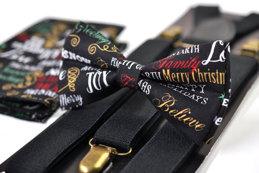 Black Festive Joy Words Print Christmas Bow tie Bowtie + Pocket Squares + Green Suspenders Braces Men /Youth/ Boys Kids/ Baby Infant Toddler