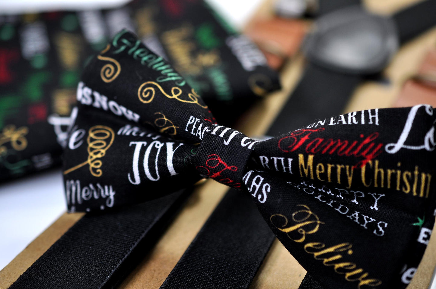 Black Festive Joy Words Print Christmas Bow tie Bowtie + Pocket Squares + Black Suspenders Braces Men /Youth/ Boys Kids/ Baby Infant Toddler