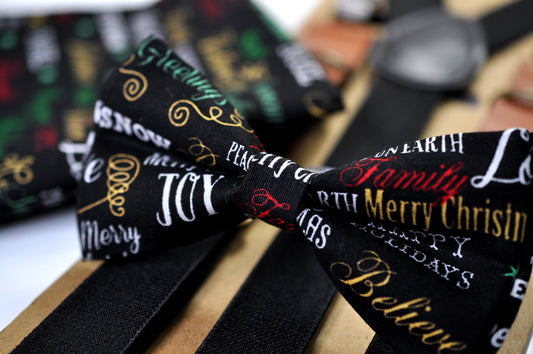 Black Festive Joy Words Print Christmas Bow tie Bowtie + Pocket Squares + Black Suspenders Braces Men /Youth/ Boys Kids/ Baby Infant Toddler