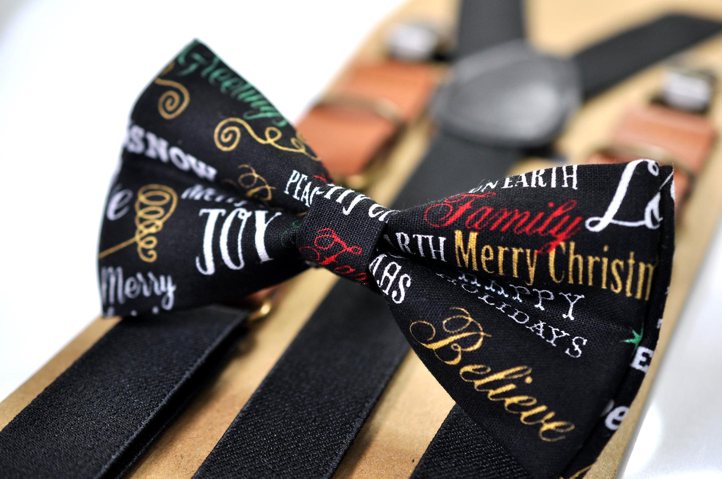 Black Festive Joy Words Print Christmas Bow tie Bowtie + Pocket Squares + Black Suspenders Braces Men /Youth/ Boys Kids/ Baby Infant Toddler