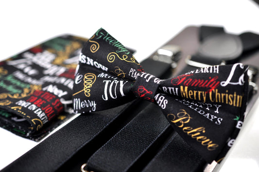 Black Festive Joy Words Print Christmas Bow tie Bowtie + Pocket Squares + Black Suspenders Braces Men /Youth/ Boys Kids/ Baby Infant Toddler
