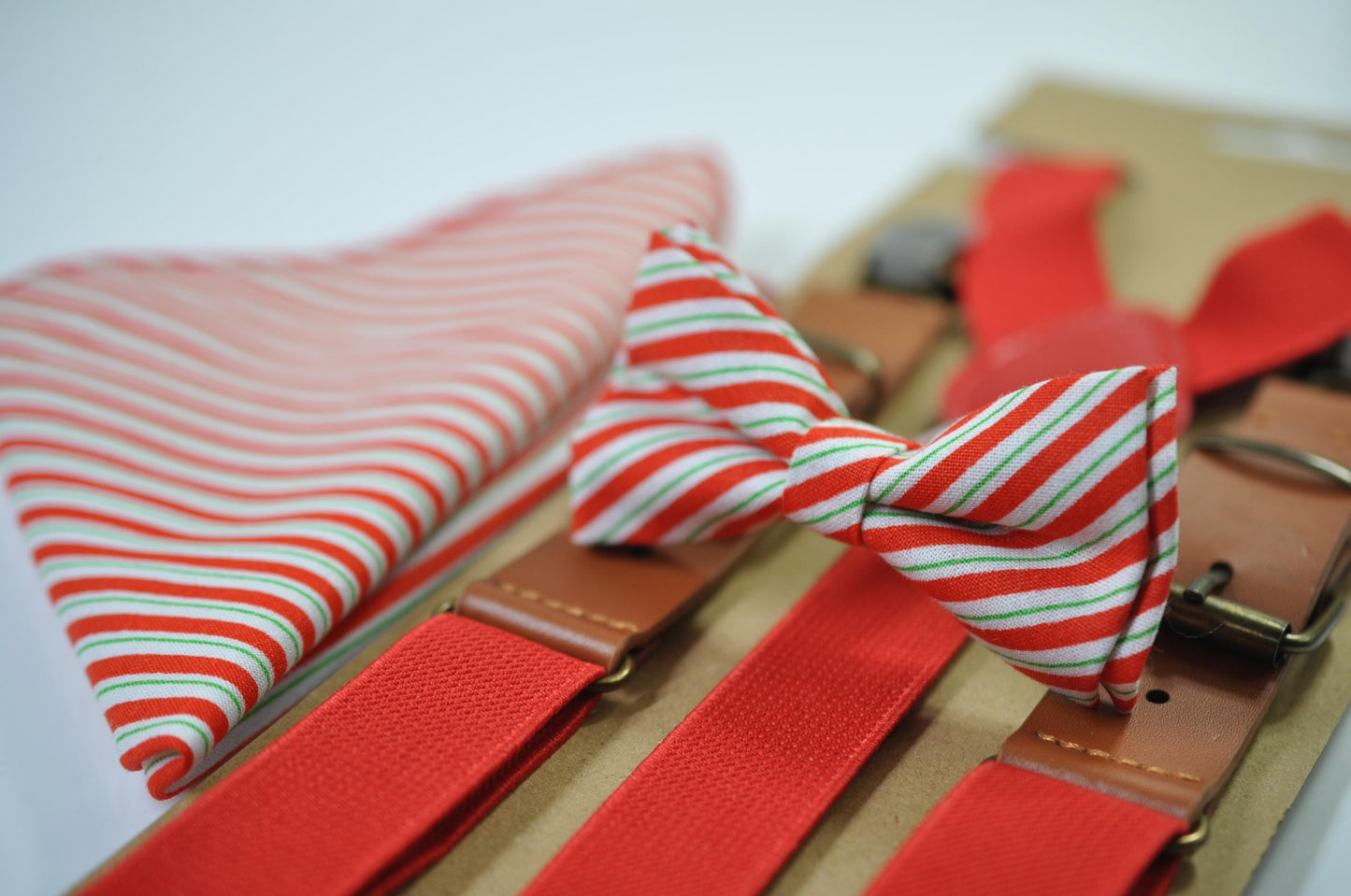 Red White Green Candy Stripes Christmas Bow tie Bowtie + Pocket Squares + Red Suspenders Braces Men /Youth/ Boys Kids/ Baby Infant Toddler