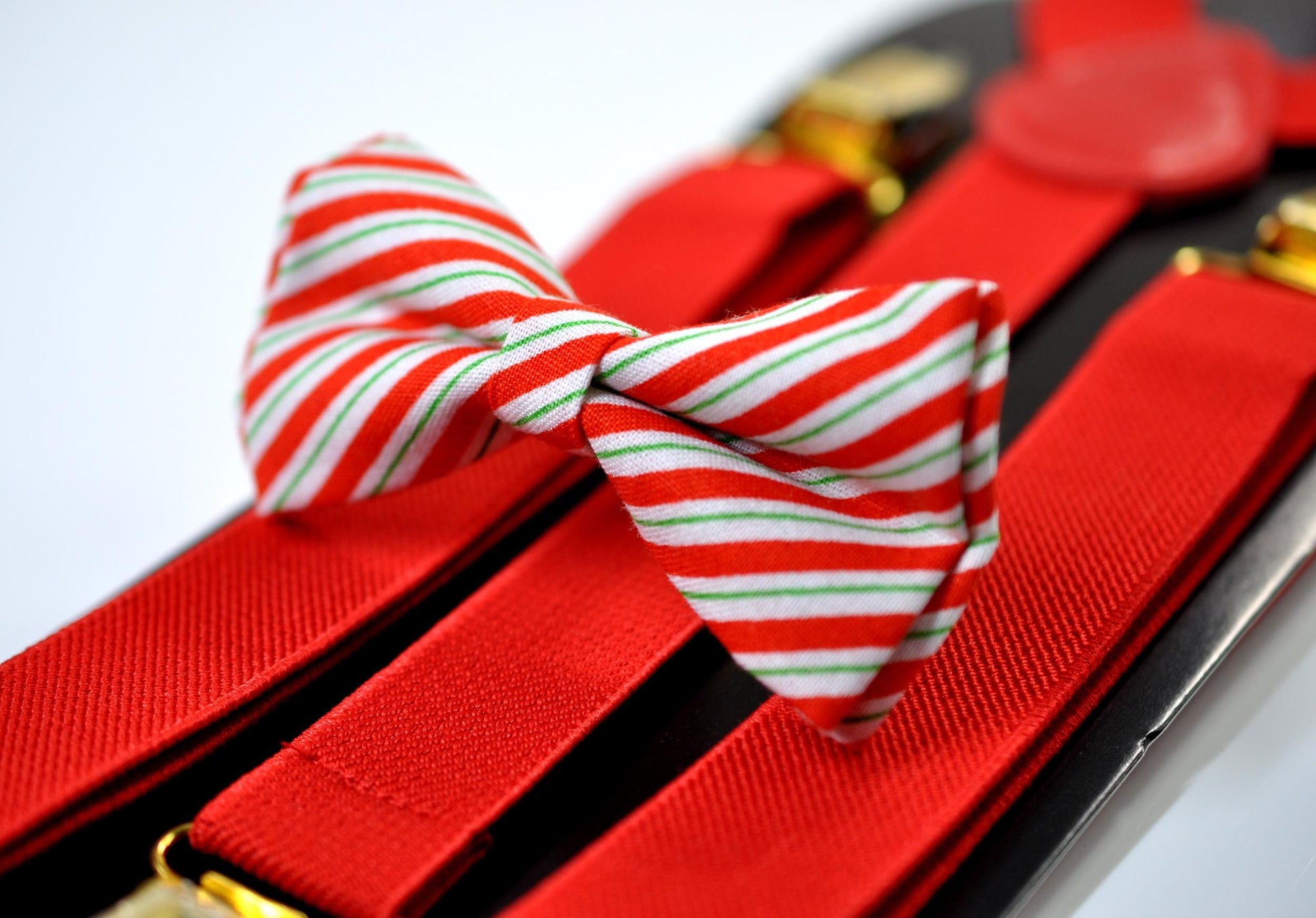 Red White Green Candy Stripes Christmas Bow tie Bowtie + Pocket Squares + Red Suspenders Braces Men /Youth/ Boys Kids/ Baby Infant Toddler