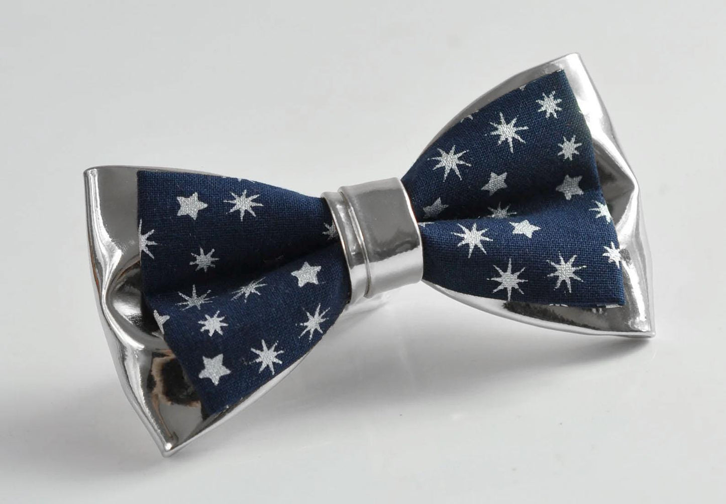 Navy Blue Cotton Snowflake Stars SILVER Faux Leather Xmas Christmas Pretied Bow Tie for Men Adult / Youth / Boy Kids / Baby Infant Toddler