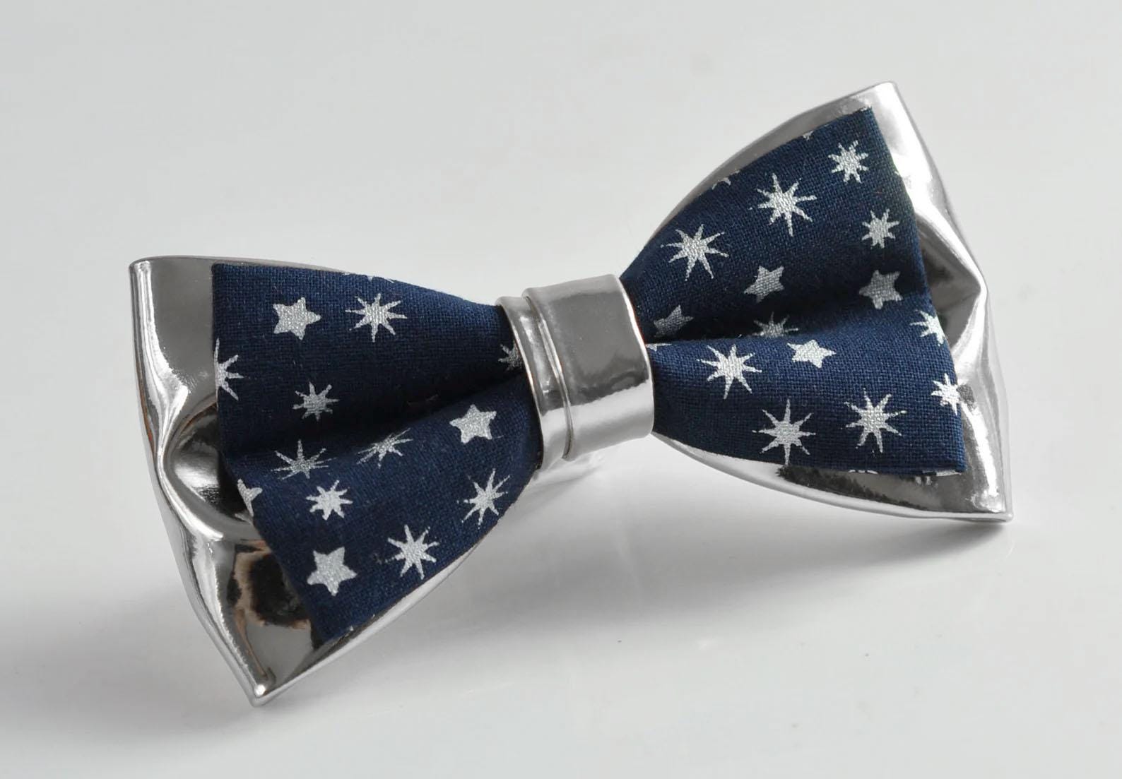 Navy Blue Cotton Snowflake Stars SILVER Faux Leather Xmas Christmas Pretied Bow Tie for Men Adult / Youth / Boy Kids / Baby Infant Toddler