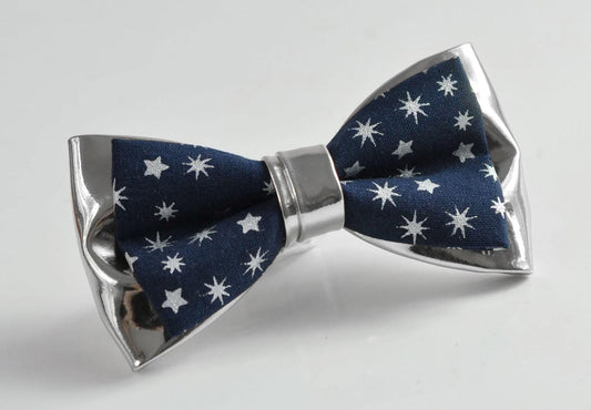 Navy Blue Cotton Snowflake Stars SILVER Faux Leather Xmas Christmas Pretied Bow Tie for Men Adult / Youth / Boy Kids / Baby Infant Toddler