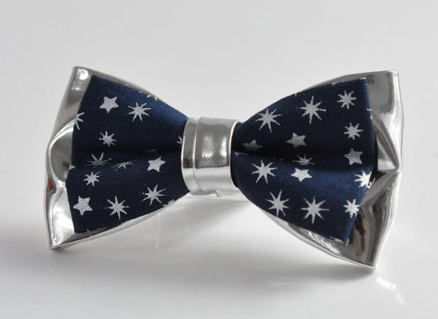 Navy Blue Cotton Snowflake Stars SILVER Faux Leather Xmas Christmas Pretied Bow Tie for Men Adult / Youth / Boy Kids / Baby Infant Toddler