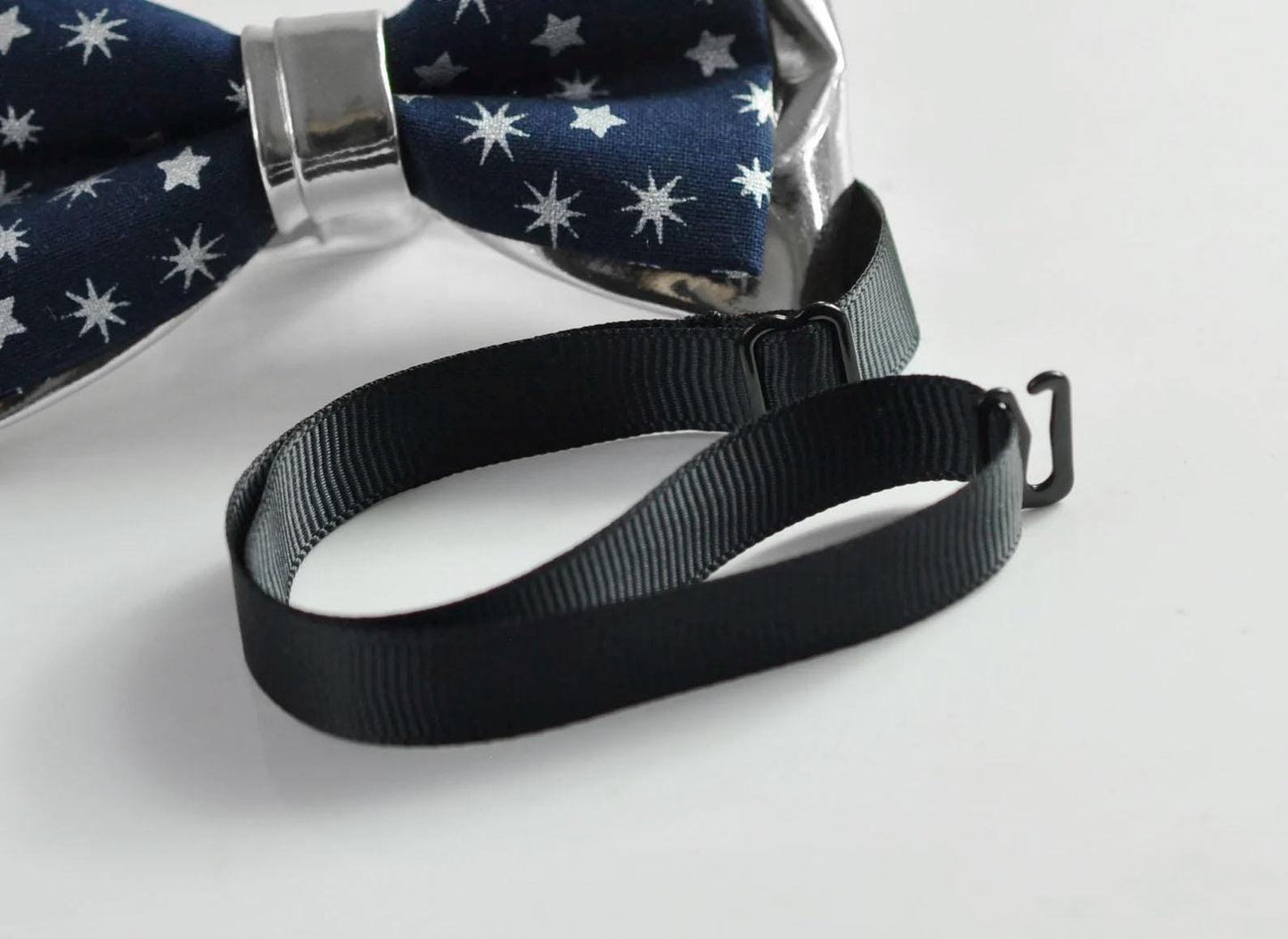 Navy Blue Cotton Snowflake Stars SILVER Faux Leather Xmas Christmas Pretied Bow Tie for Men Adult / Youth / Boy Kids / Baby Infant Toddler