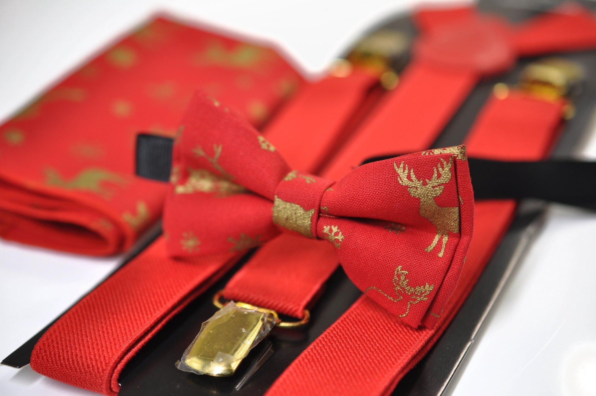 Gold Elk Elks Red Christmas Bow tie Bowtie + Pocket Squares +Red Suspenders Braces Men /Youth/ Boys Kids/ Baby Infant Toddler
