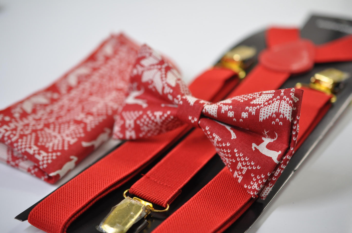 Red White Deer Elks ELK Christmas Bow tie Bowtie + Pocket Squares + Red Suspenders Braces Men /Youth/ Boys Kids/ Baby Infant Toddler