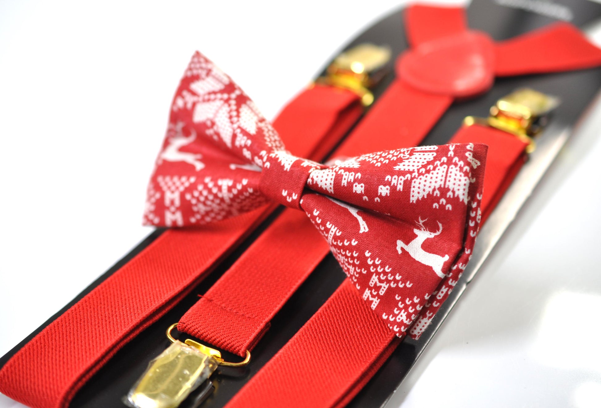 Red White Deer Elks ELK Christmas Bow tie Bowtie + Pocket Squares + Red Suspenders Braces Men /Youth/ Boys Kids/ Baby Infant Toddler