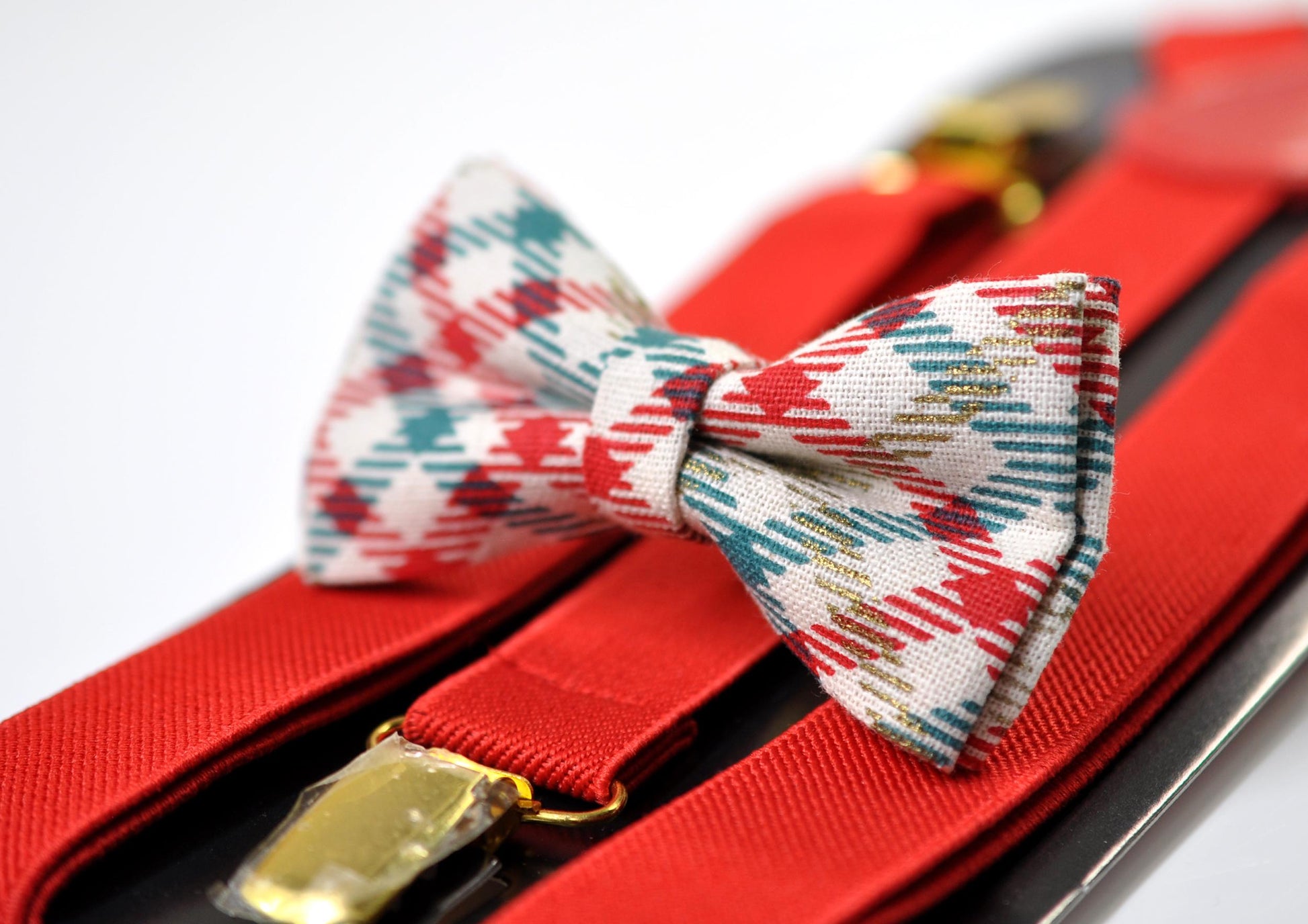 Red Blue Plaid Checkered Cream Christmas Bow tie Bowtie + Pocket Squares + Red Suspenders Braces Men /Youth/ Boys Kids/ Baby Infant Toddler