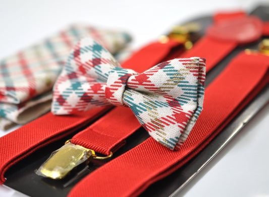 Red Blue Plaid Checkered Cream Christmas Bow tie Bowtie + Pocket Squares + Red Suspenders Braces Men /Youth/ Boys Kids/ Baby Infant Toddler