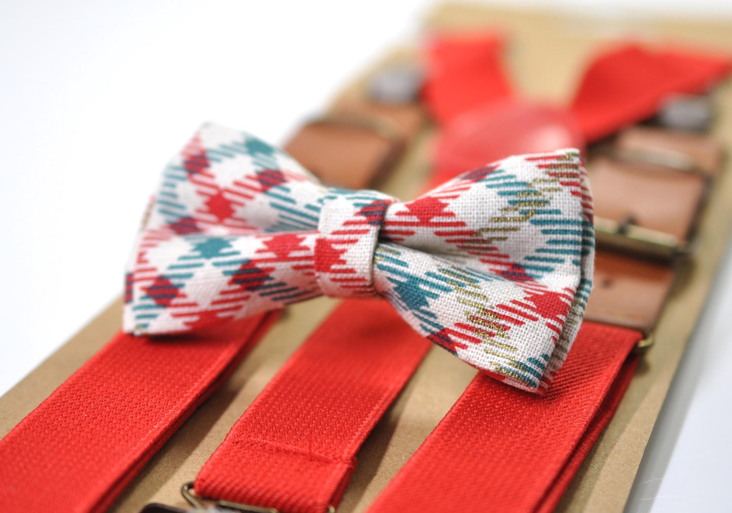 Red Blue Plaid Checkered Cream Christmas Bow tie Bowtie + Pocket Squares + Red Suspenders Braces Men /Youth/ Boys Kids/ Baby Infant Toddler