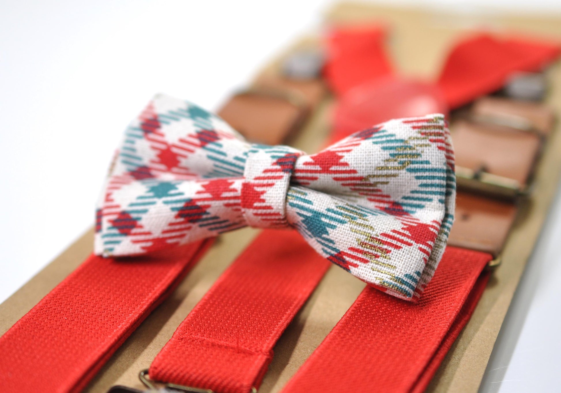 Red Blue Plaid Checkered Cream Christmas Bow tie Bowtie + Pocket Squares + Red Suspenders Braces Men /Youth/ Boys Kids/ Baby Infant Toddler