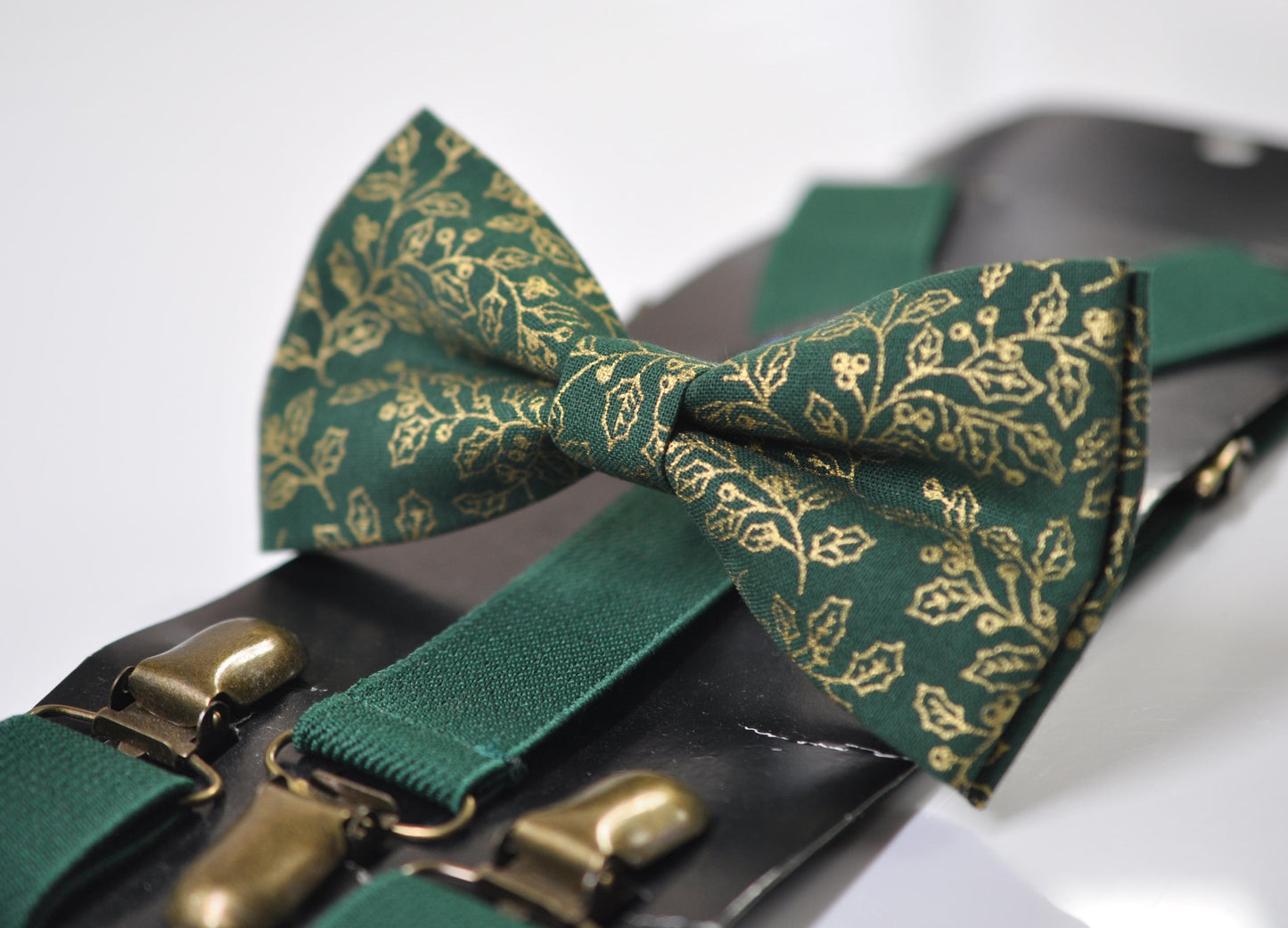 Gold Holly Leaf Green Christmas Bow tie Bowtie + Pocket Squares + Green Suspenders Braces Men /Youth/ Boys Kids/ Baby Infant Toddler