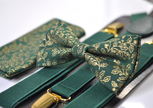 Gold Holly Leaf Green Christmas Bow tie Bowtie + Pocket Squares + Green Suspenders Braces Men /Youth/ Boys Kids/ Baby Infant Toddler