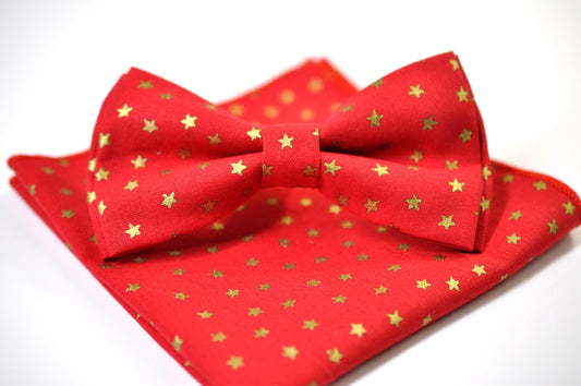Gold Stars Star Christmas Xmas Cotton Red Bow tie Bowtie Pocket Square for Baby Infant Toddler / Boy Kids / Youth / Men Adult