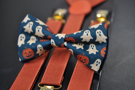 Halloween Ghost & Pumpkin Bow tie Bowtie + Burnt Orange Suspenders Braces for Men / Youth Teenage/ Boys Kids / Baby Infant Toddler