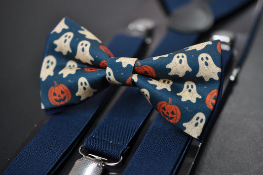 Halloween Ghost & Pumpkin Bow tie Bowtie + Navy Blue Suspenders Braces for Men / Youth Teenage/ Boys Kids / Baby Infant Toddler