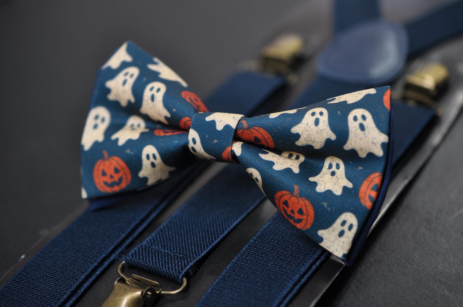 Halloween Ghost & Pumpkin Bow tie Bowtie + Navy Blue Suspenders Braces for Men / Youth Teenage/ Boys Kids / Baby Infant Toddler